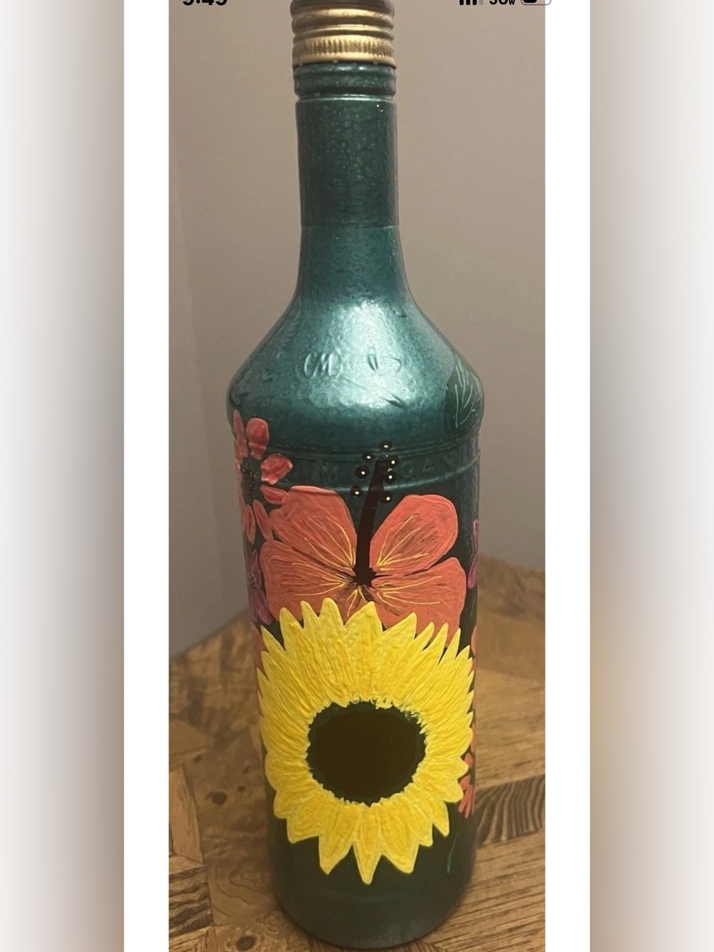 Beautiful Sunflower Themed Hand Painted Bottle Art - Captain Morgan - Summer Bar